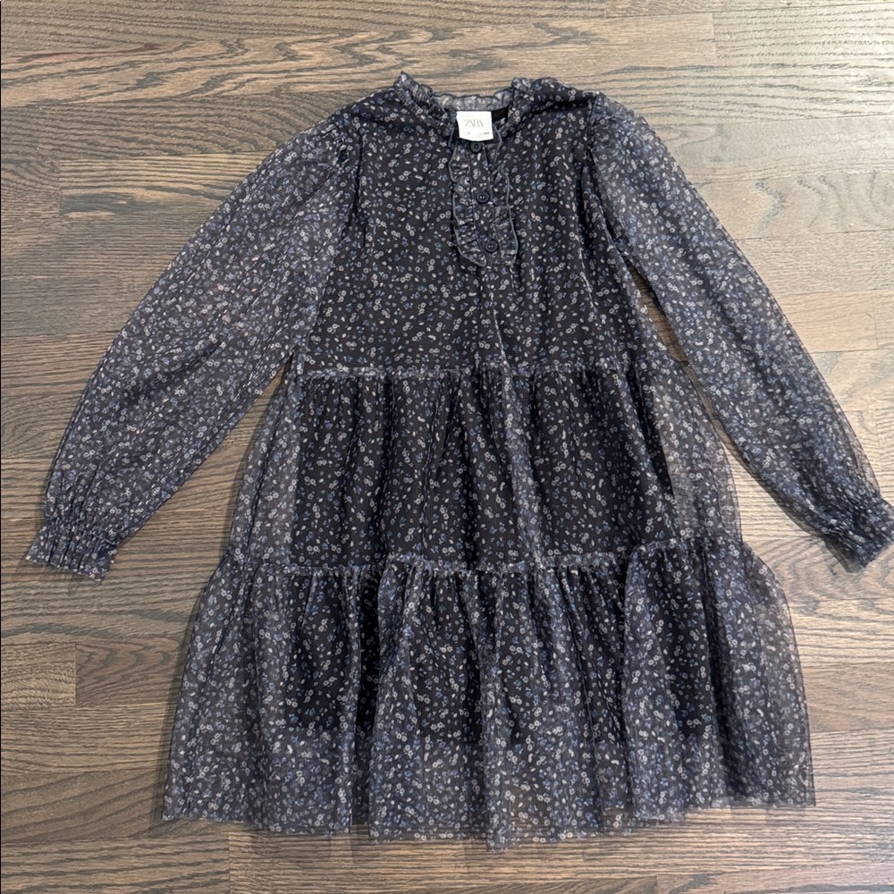 NWOT Girls Zara Black Floral Long Sleeve Dress, Size 9